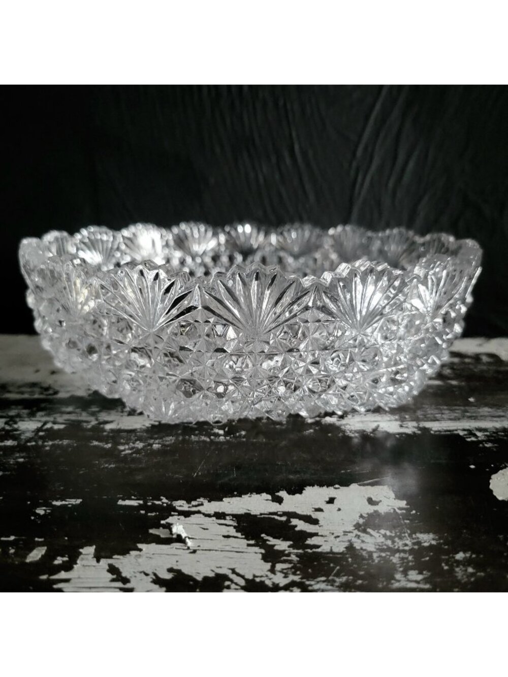 Vintage Hoya Japan Clear Crystal Round Serving Bowl Fan and Button Design